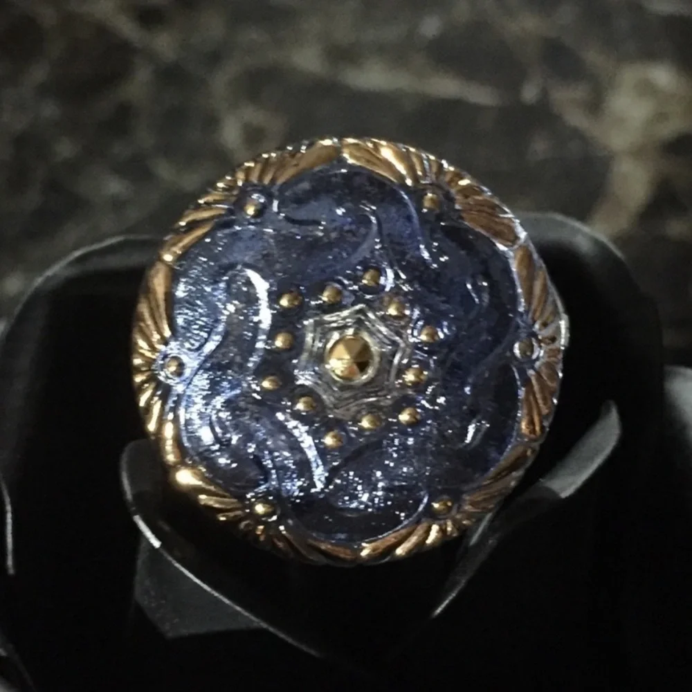 Blue Czech Glass Button Gold Filled Wire Ring